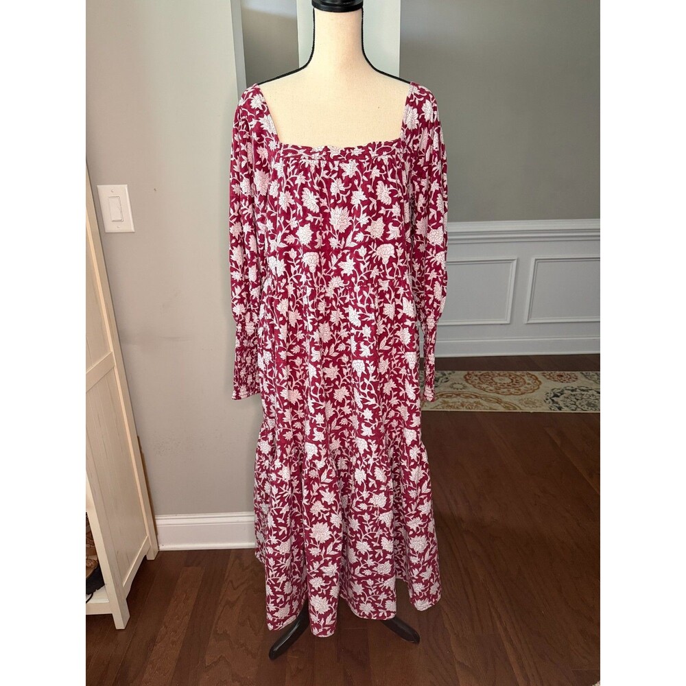Ophelia & Indigo Lulu Maroon Block Print Balloon Mutton Sleeve Maxi Dress XS